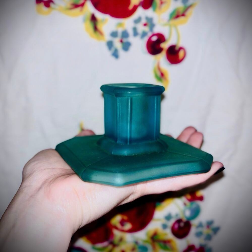 Vtg Blue Satin Tiffin Square Taper Candlestick Holder